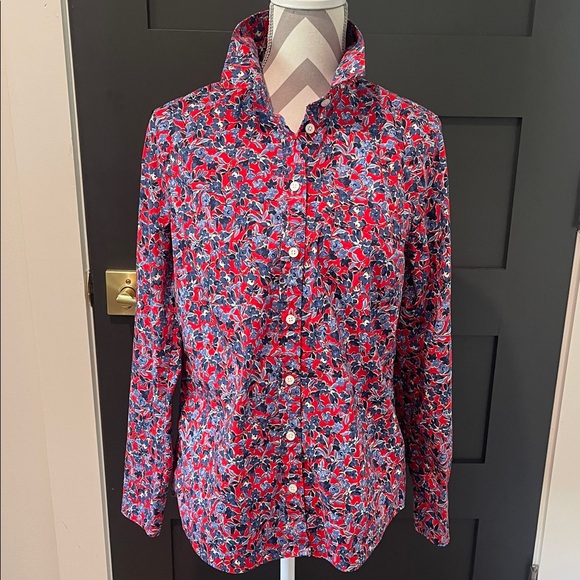 J. Crew Tops - J.Crew Cotton Red and Blue Floral Preppy Button Down Shirt Size M